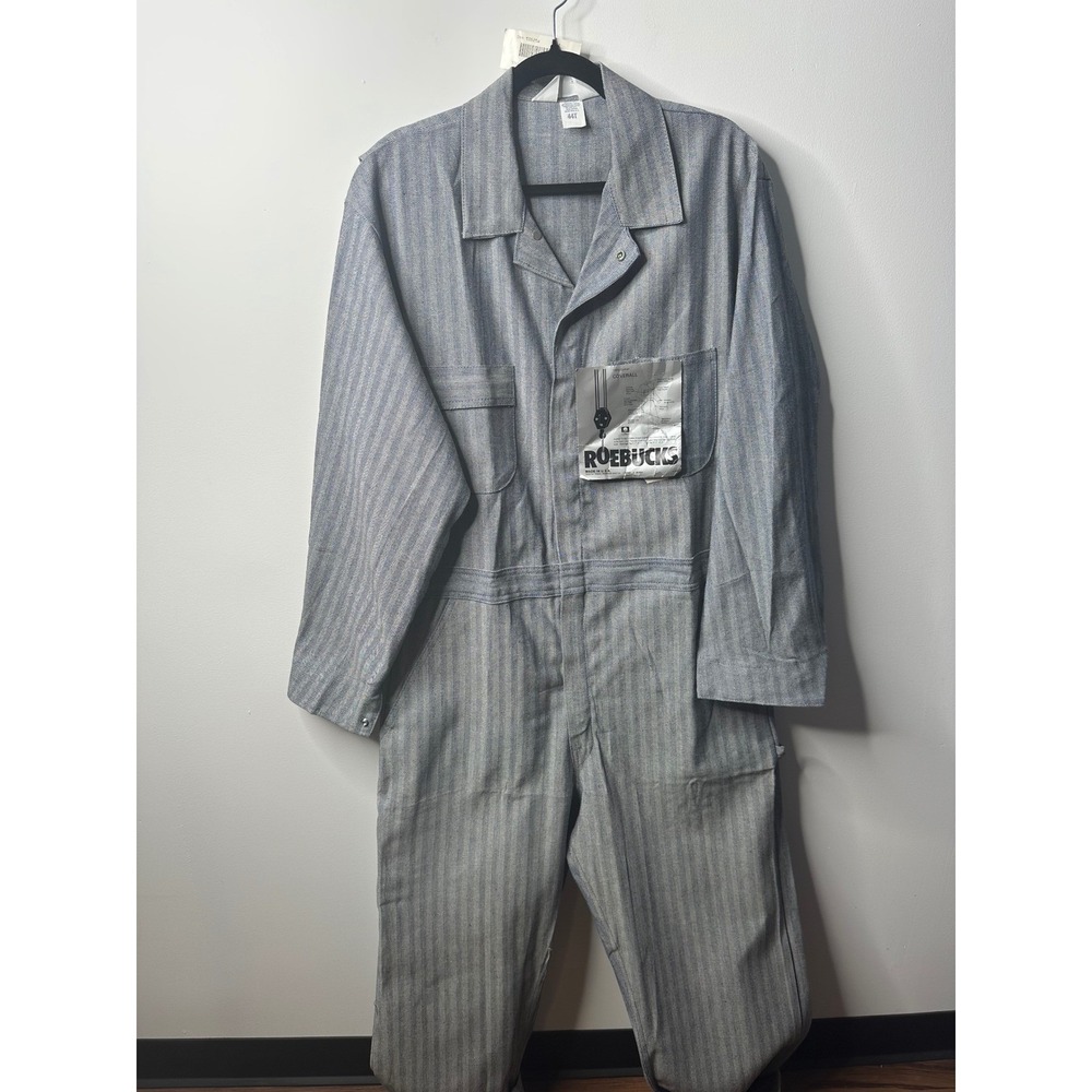 Vintage Roebucks Herringbone Coveralls Mens 44T Blue White Cotton Made in USA